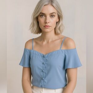 Express Sky Blue Off-Shoulder Button Front Top - XS